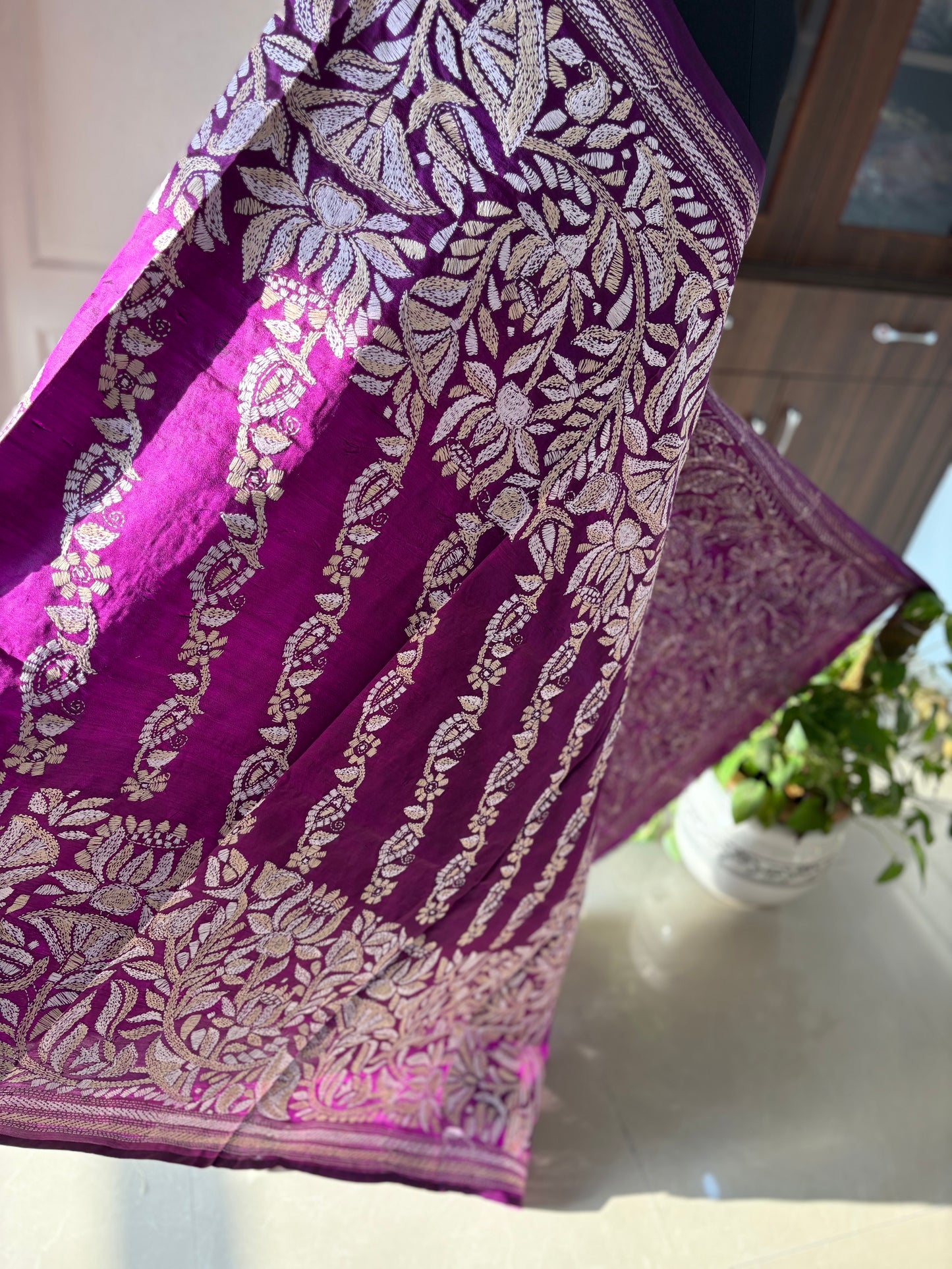 Kantha Hand Embroidary Full Work Pure Banglore Silk Dupatta. (With Silk Mark)