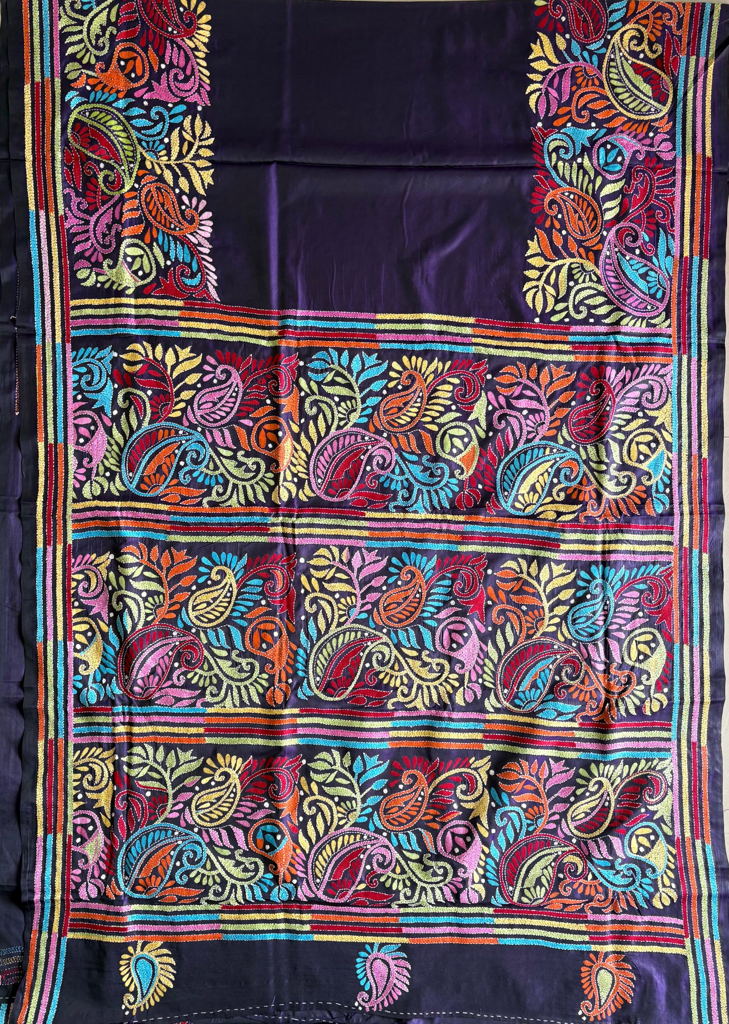 Purple Kantha Hand Embroidered Blended Banglore Silk/Art Silk Saree With Blouse