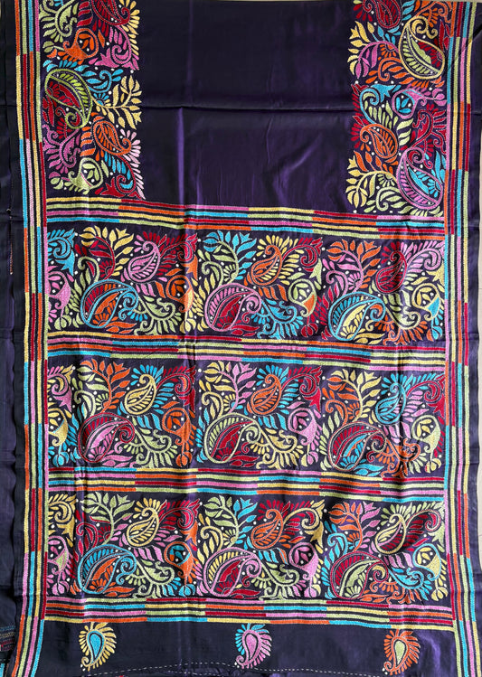 Purple Kantha Hand Embroidered Blended Banglore Silk/Art Silk Saree With Blouse