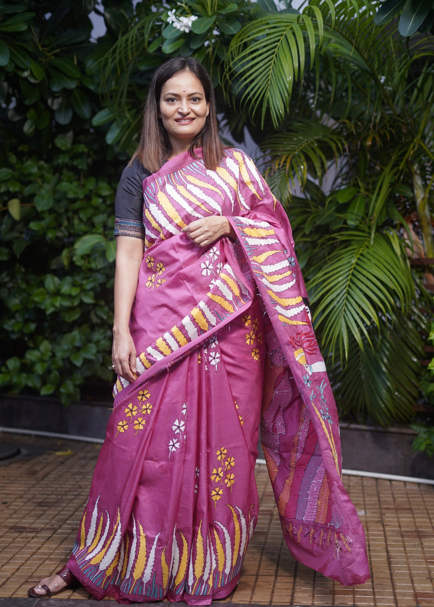 Pink Kantha Hand Embroidered Pure Banglore Silk Saree