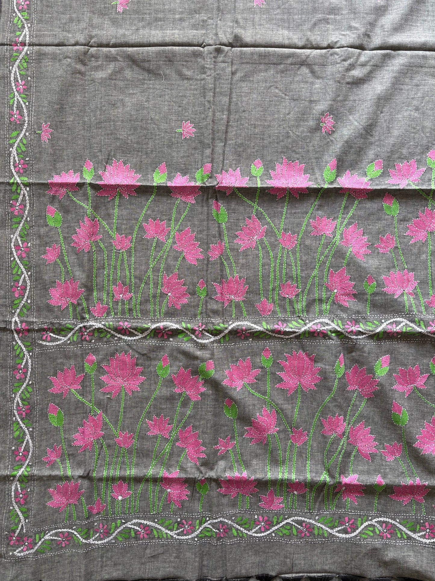 Kantha stitch Khadi Cotton Saree - Grey