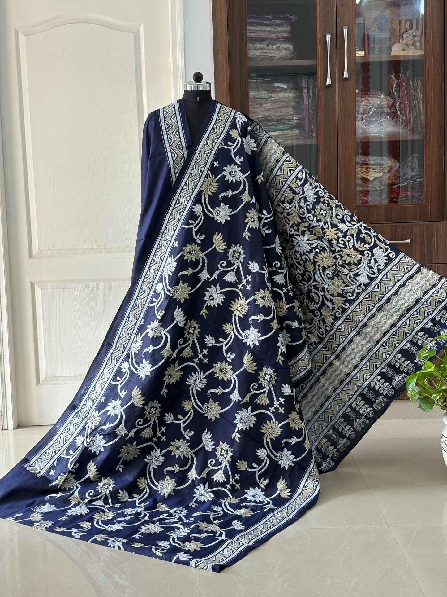 Kantha Hand Embroidered Pure Banglore Silk Saree (Silk Marked)