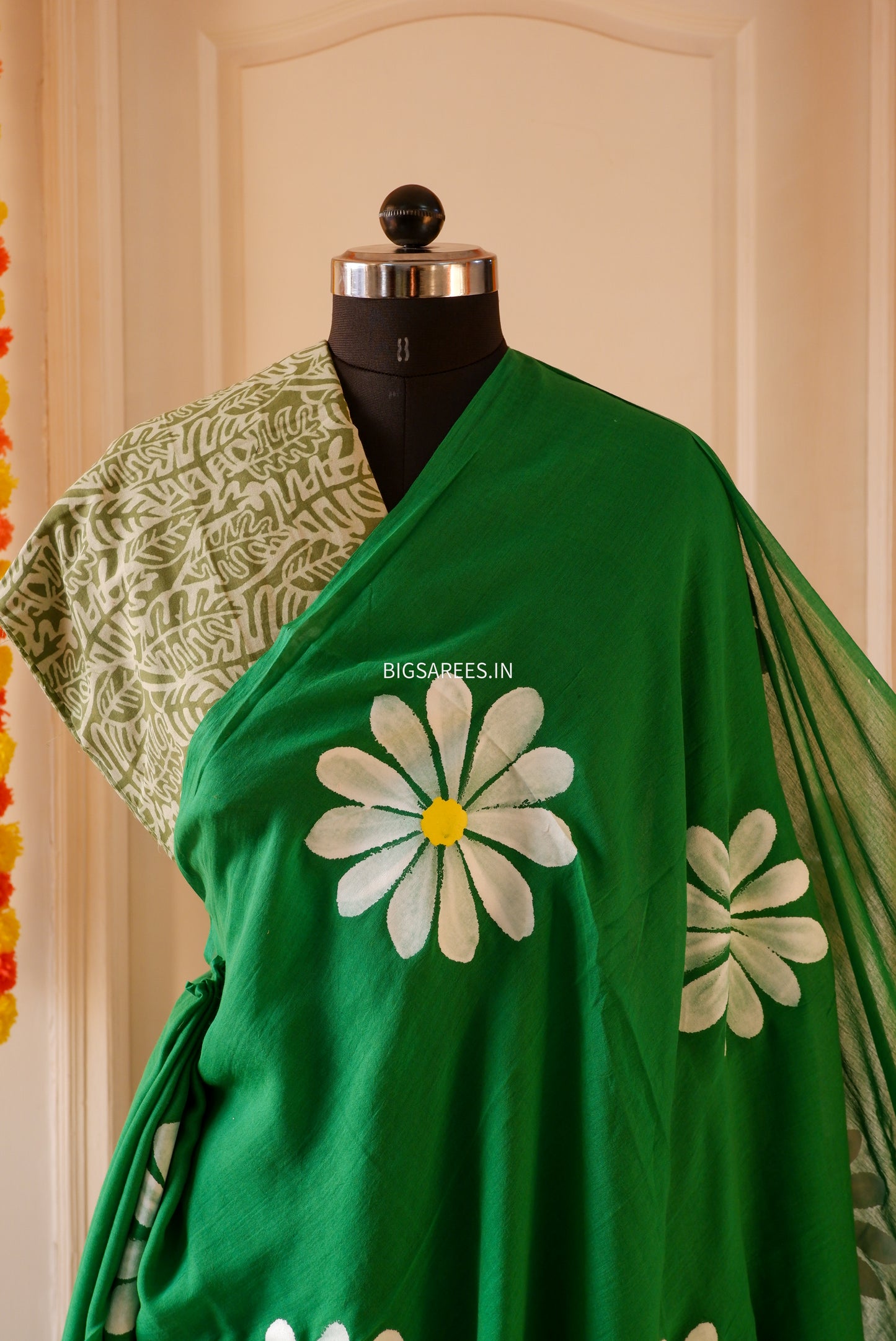 Hand Painted Mul Cotton Saree with Blouse | Green