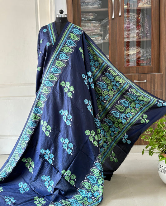 Kantha Stitch Hand Embroidered Pure Banglore Silk Saree (Silk Marked)