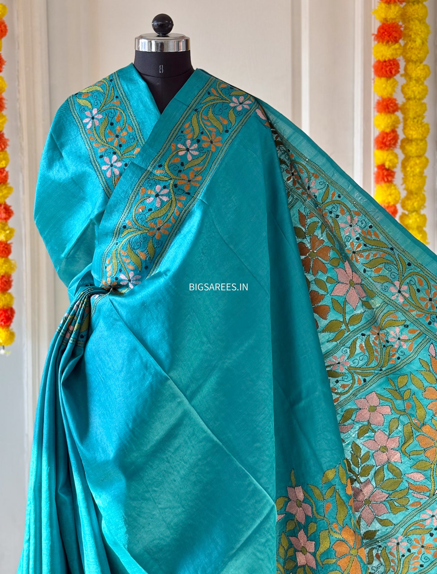 Kantha Hand Embroidered Saree With Blouse | Pure Gachi by Gachi Tussar Silk | Silk Mark Certified | Blue