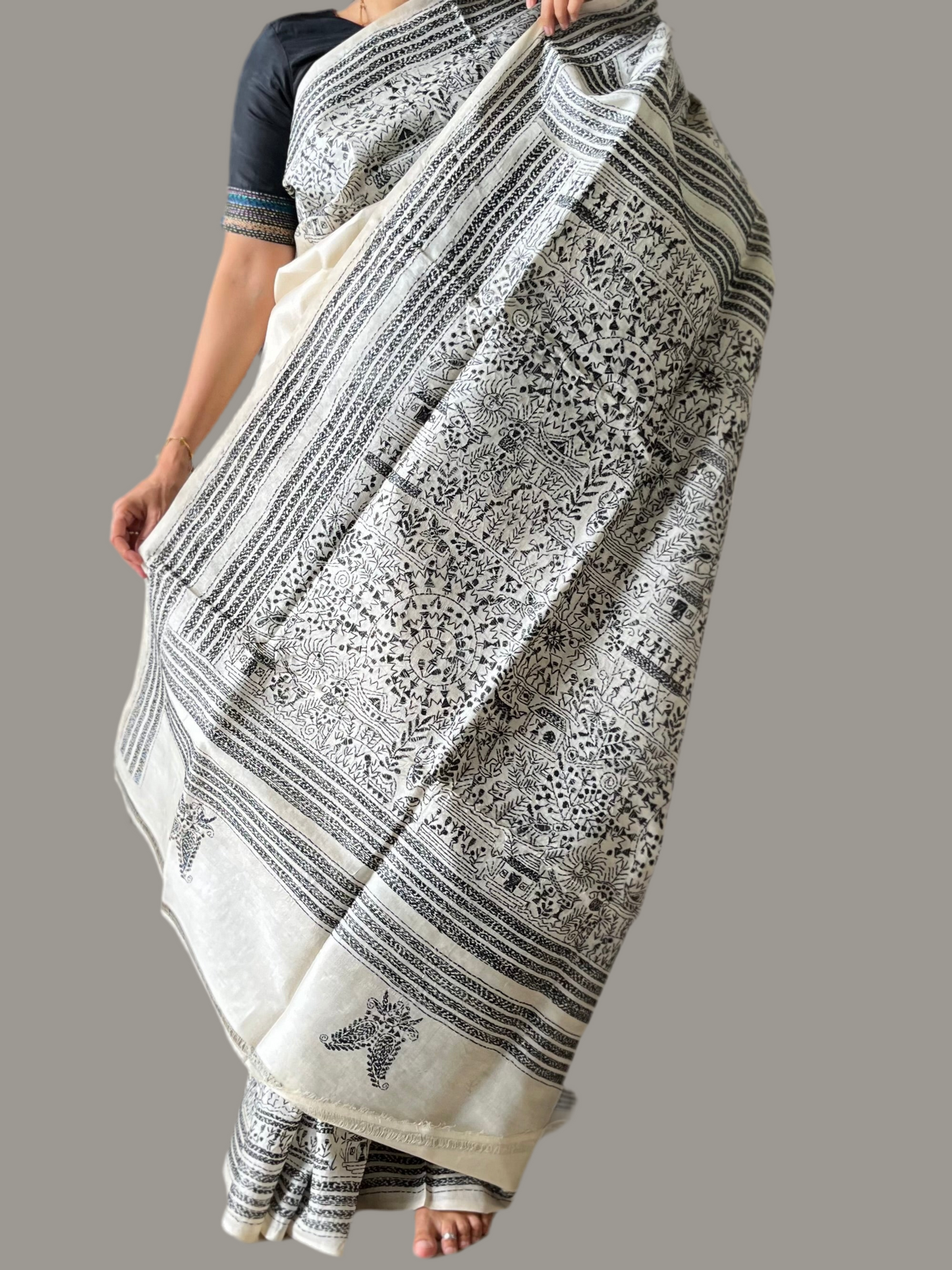 Off White Kantha Hand Embroidered Pure Tussar Silk Saree (Silk Marked)