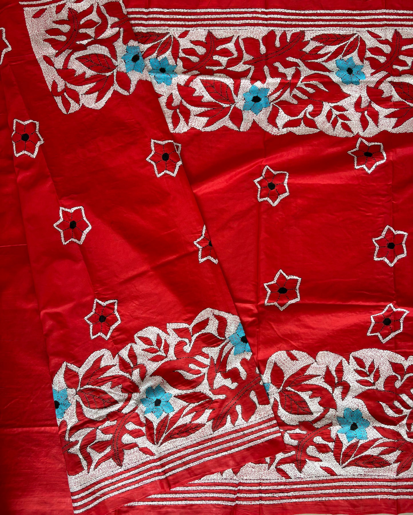 Red Kantha Hand Work Embroidered Art Silk Saree With Blouse