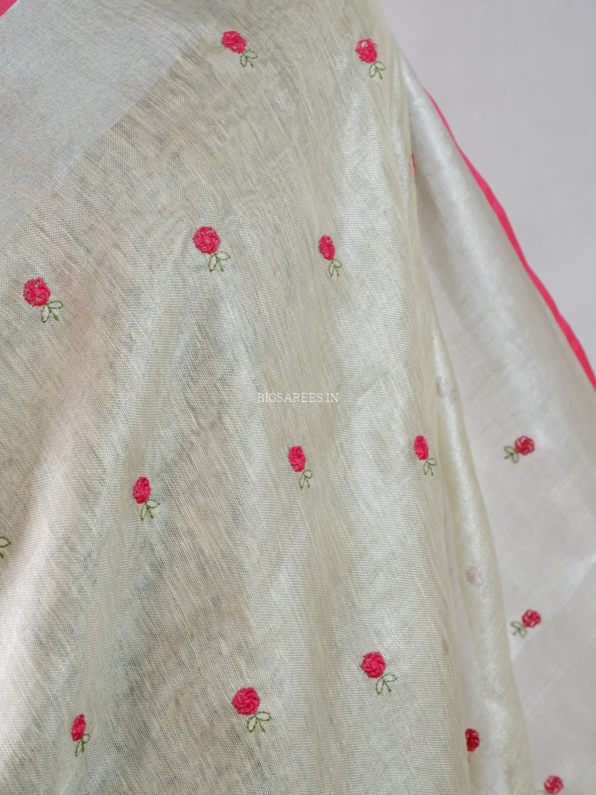 Tissue Linen Blend machine embroidered Saree | Pearl Cream