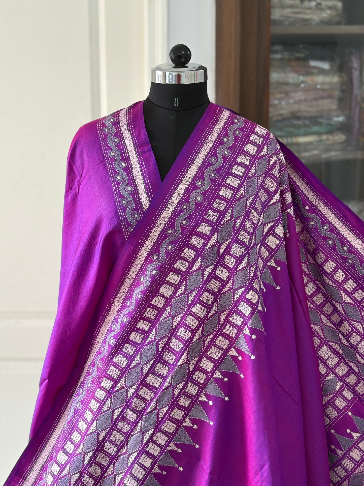 Kantha Hand Embroidered Pure Banglore Silk Saree (Silk Marked)