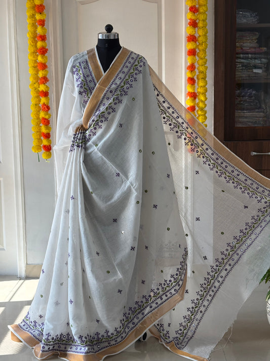 Gujrati Stitch/Kutch Hand Embroidered South Cotton Saree