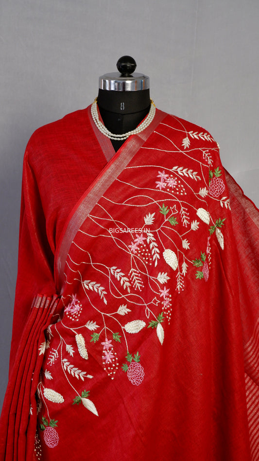 Pure Linen Saree With running Blouse - Dark Red