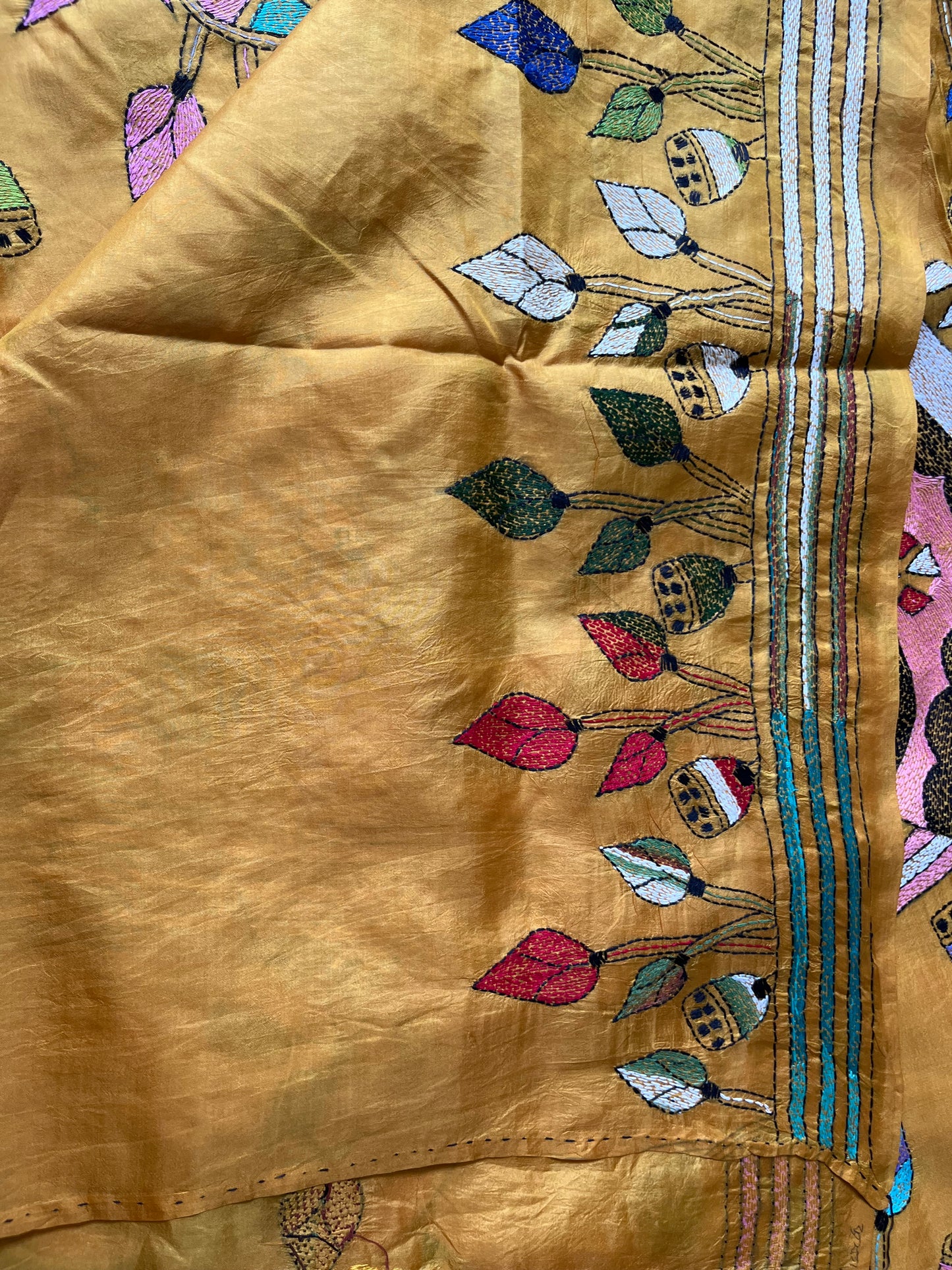 Kantha Hand Embroidered Pure Bangalore Silk Saree (Silk Marked)