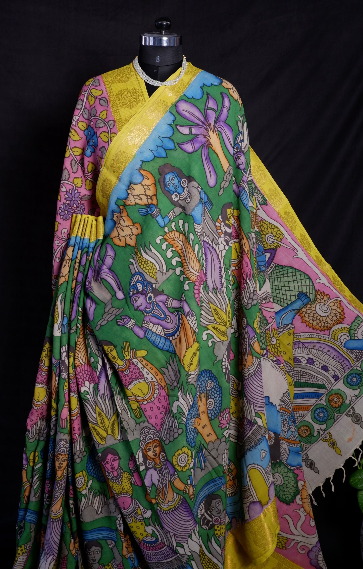 Pen Kalamkari hand painted pure cotton Saree with blouse
