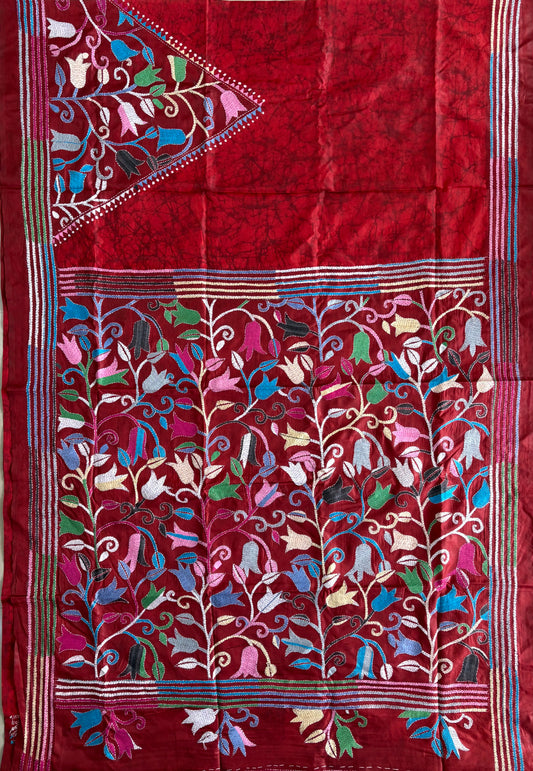 Kantha Hand Embroidered Blended Banglore Silk/Art Silk Saree With Blouse