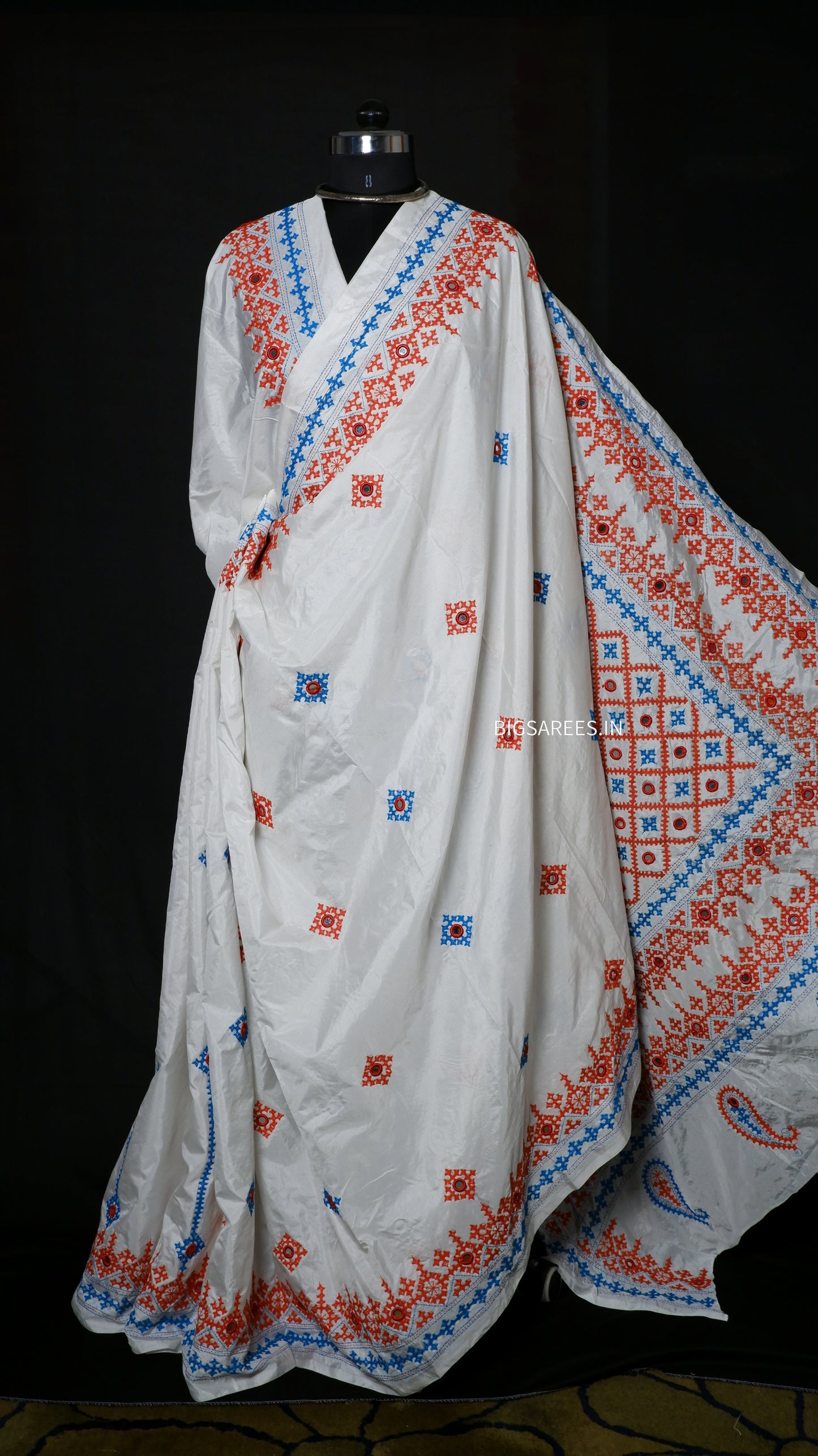 Heavy real mirror work Gujrati Stitch/Kutchi Bharat/Sindhi Hand Embroidered Art Silk Saree with blouse