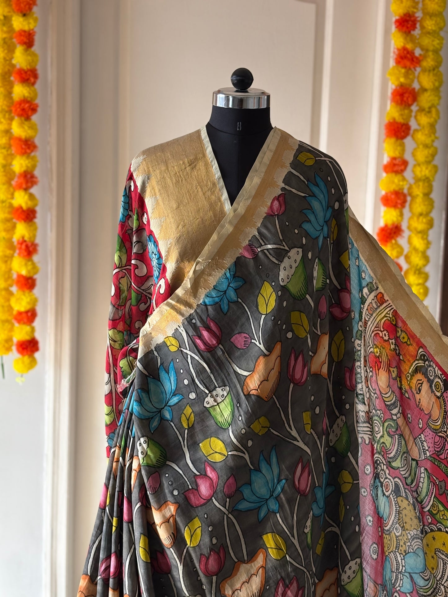 Pen Kalamkari hand painted Banglore Silk Saree with blouse