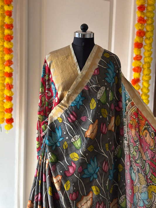 Pen Kalamkari hand painted Banglore Silk Saree with blouse