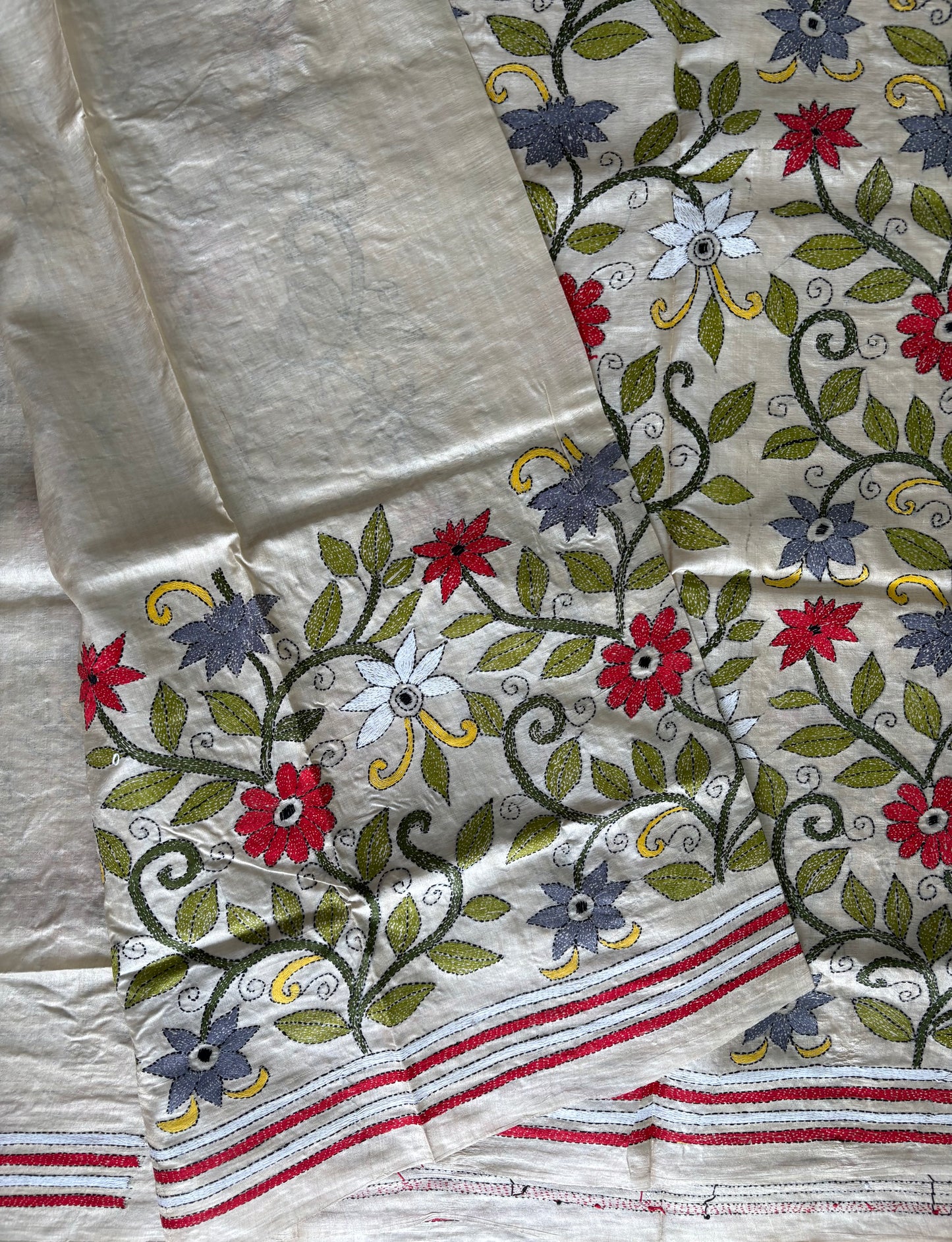 Kantha Stitch Hand Embroidered Pure Gachi by Gachi Tussar Silk Saree (Silk Marked)