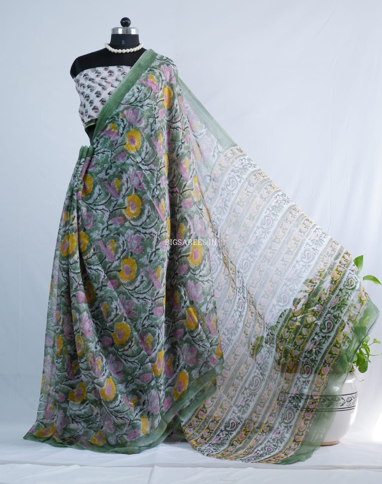 Hand Block Print Saree | Pure Chiffon | Green