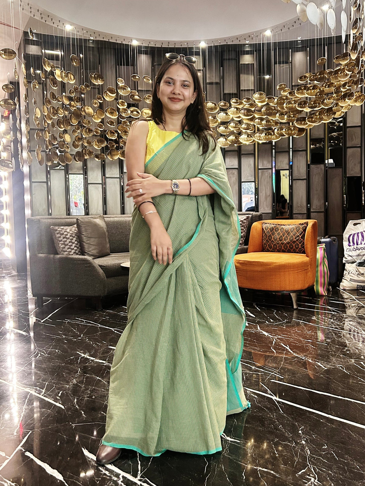 Hand woven Pure Mul Cotton small check Saree (Handloom Marked) - Green