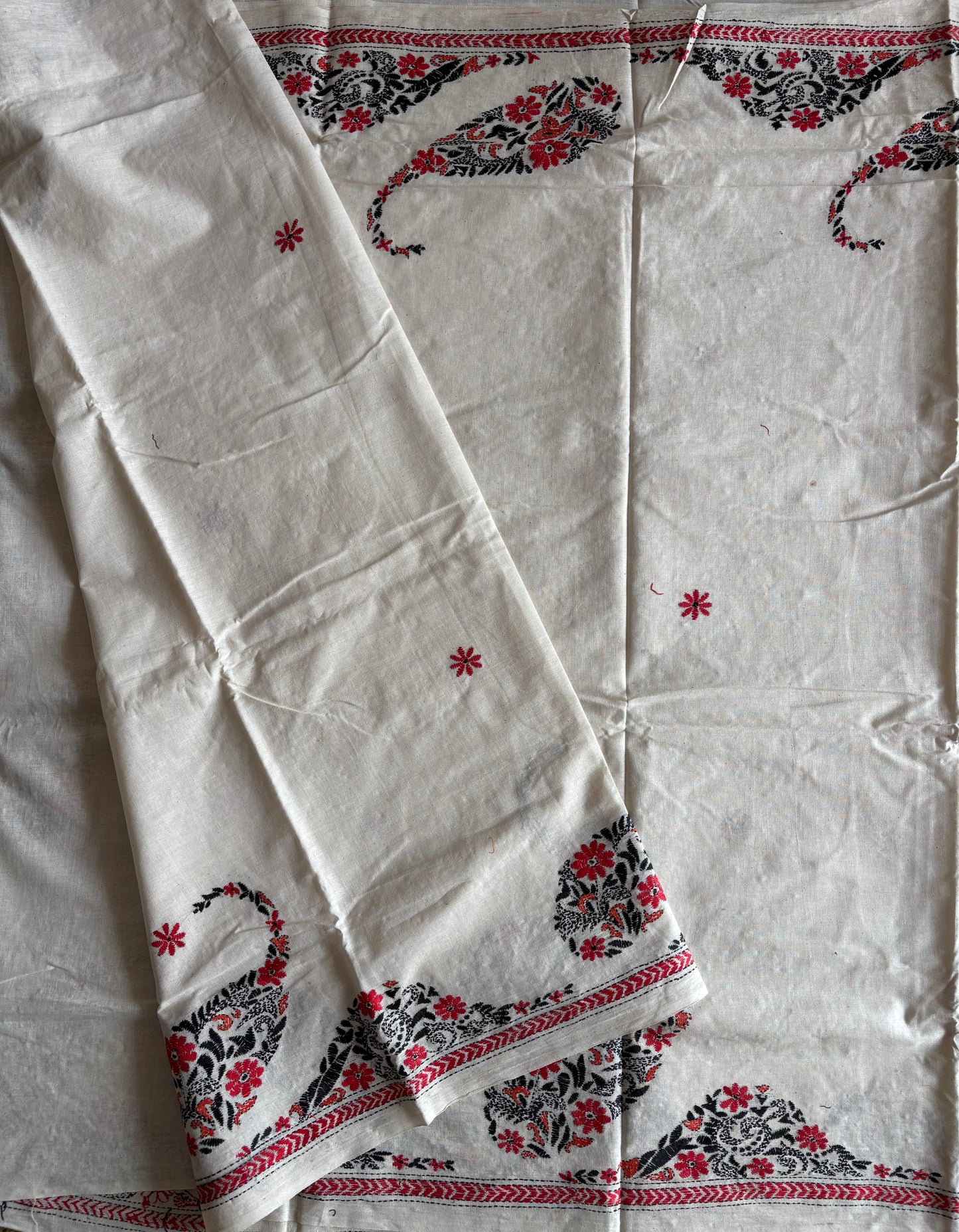 Kantha stitch Khadi Cotton Saree - Off white