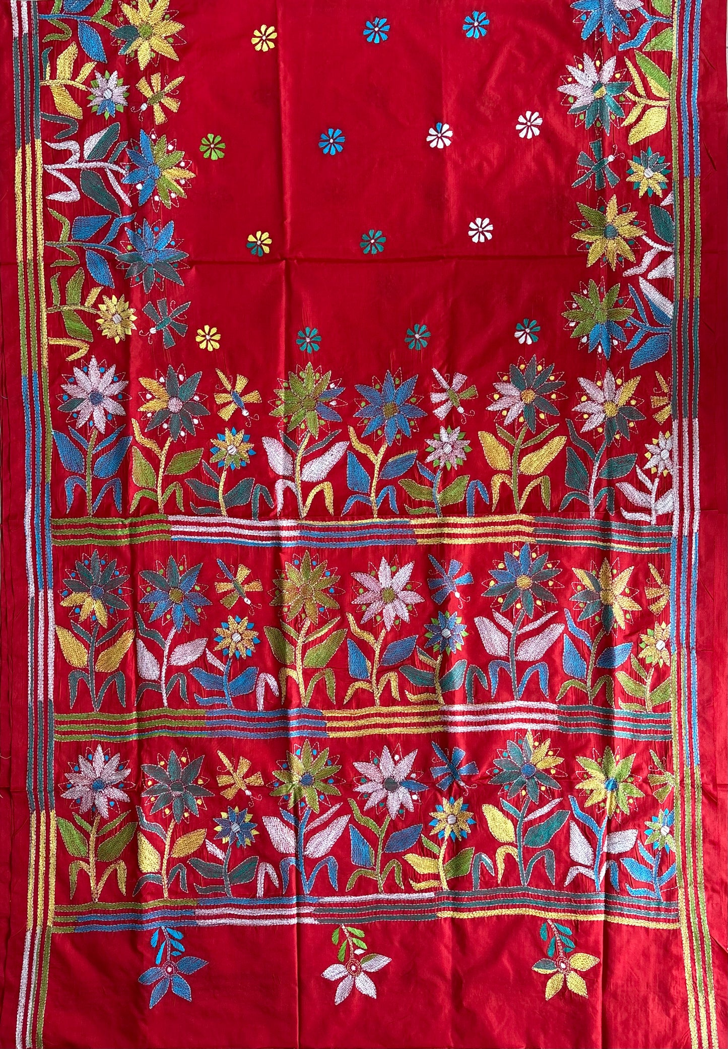 Kantha Hand Embroidered Blended Banglore Silk/Art Silk Saree With Blouse
