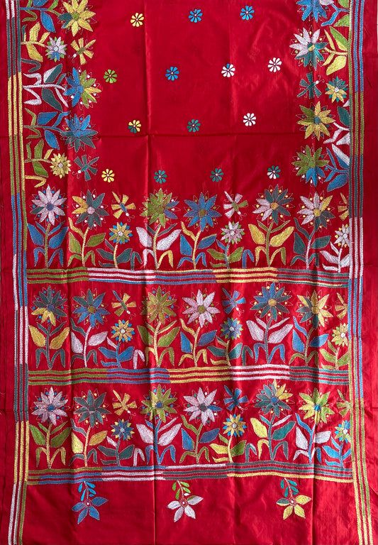 Kantha Hand Embroidered Blended Banglore Silk/Art Silk Saree With Blouse