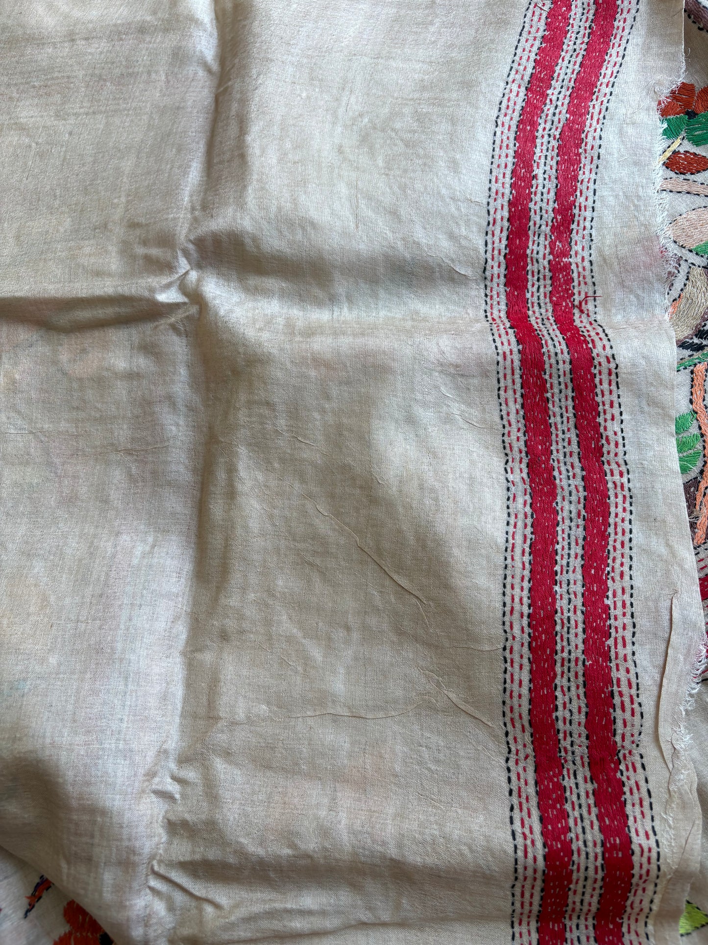 Kantha Stitch Hand Embroidered Pure Gachi Tussar Silk Saree (Silk Marked)