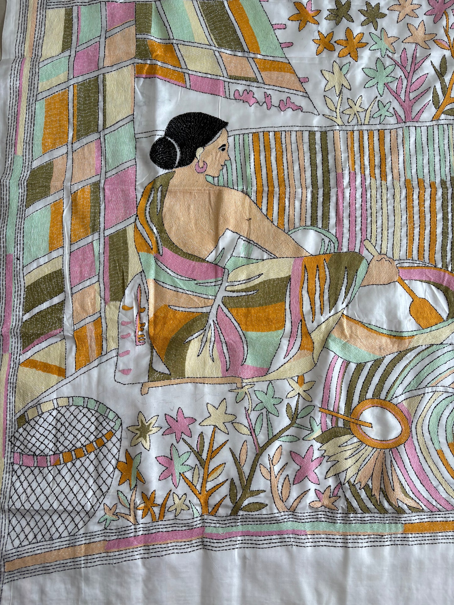 Off white Hand Embroidered Kantha Stitch Saree in Artificial Silk