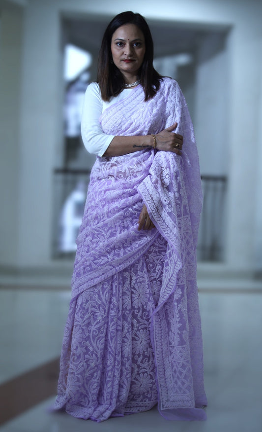 Lavender Georgette Chikankari Work Hand Embroidered Saree