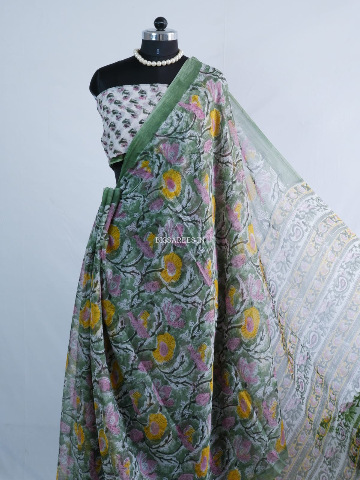 Hand Block Print Saree | Pure Chiffon | Green