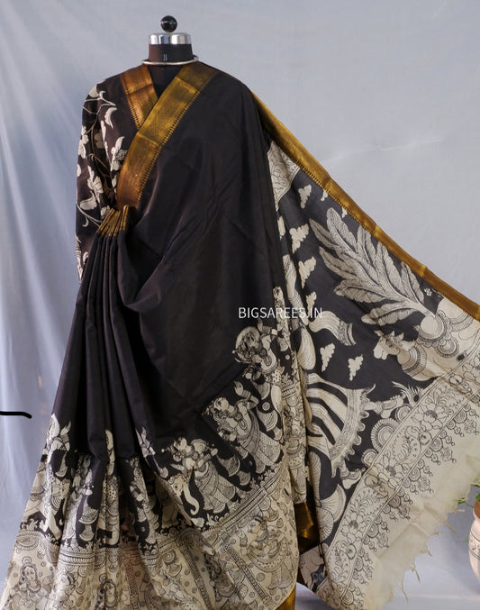 Hand-Painted Pen Kalamkari Saree in Pure Mangalgiri Silk