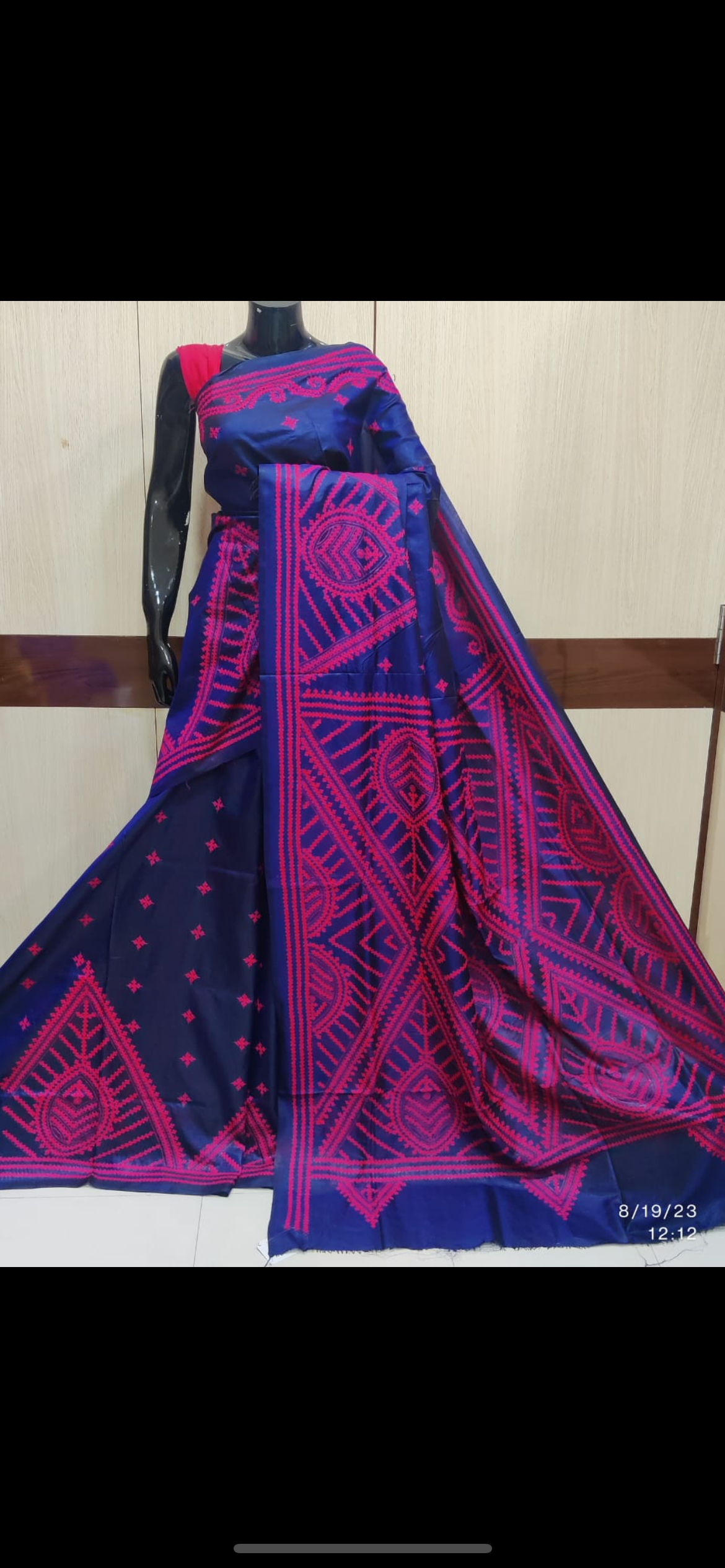 Kutch Hand Embroidered Pure Banglore Silk Saree – Navy Blue (Silk Marked)