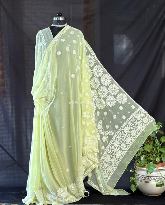 Chikankari Hand Embroidered Saree | Semi Georgette | Lime Green