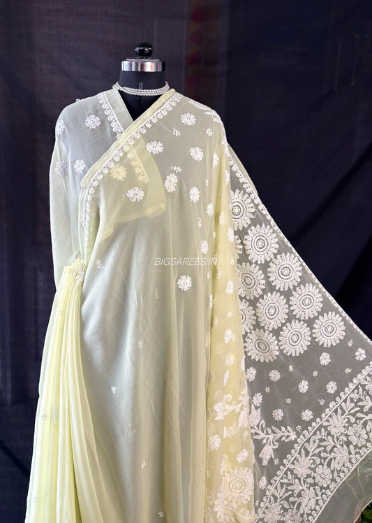 Chikankari Hand Embroidered Saree | Semi Georgette | Lime Green