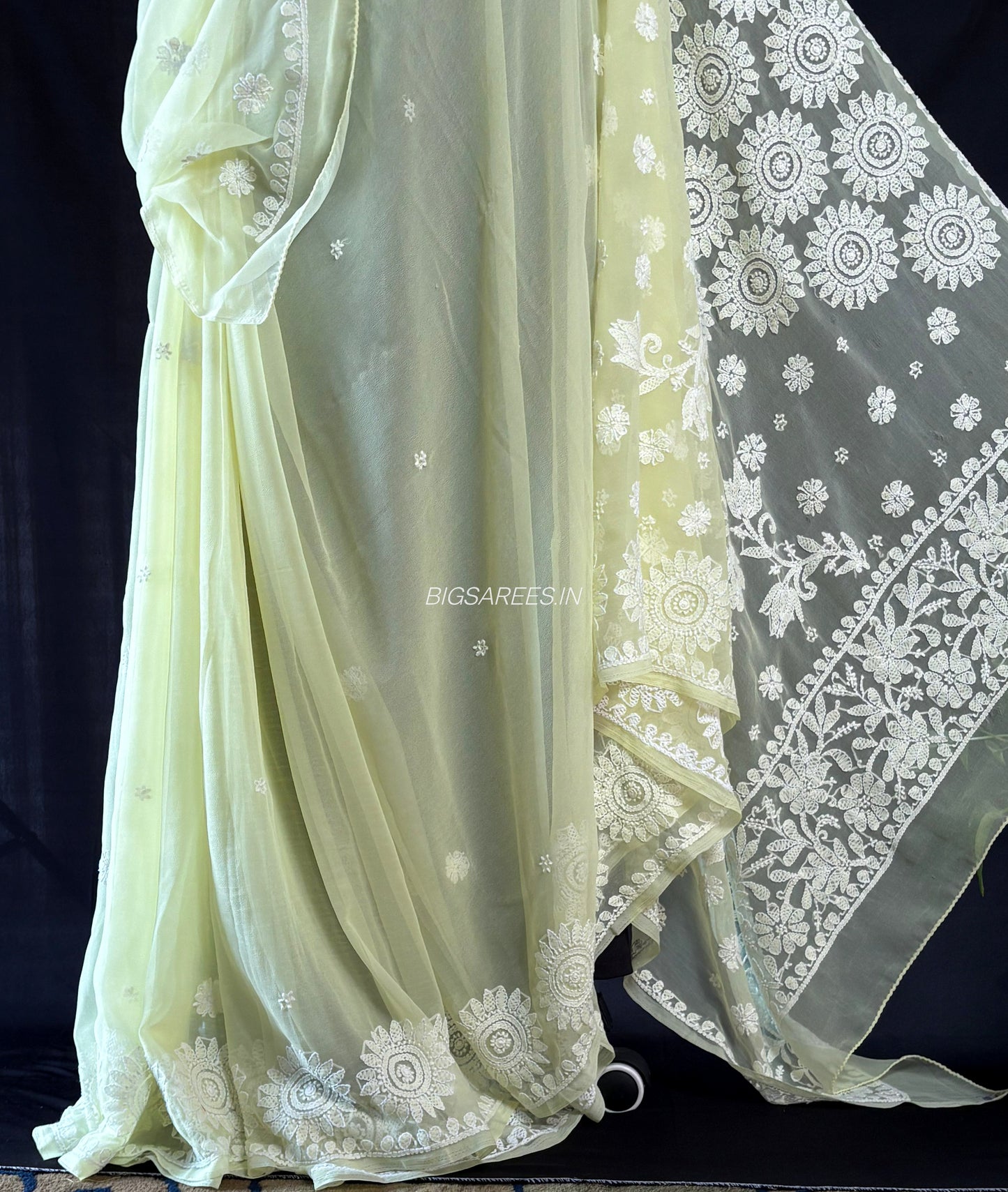 Chikankari Hand Embroidered Saree | Semi Georgette | Lime Green