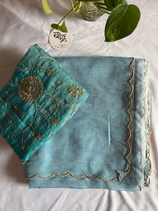 Mul Cotton Saree | Gold Stripes | Sky Blue