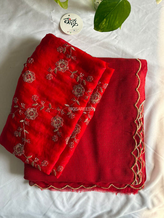 Mul Cotton Saree | Gold Stripes | Red