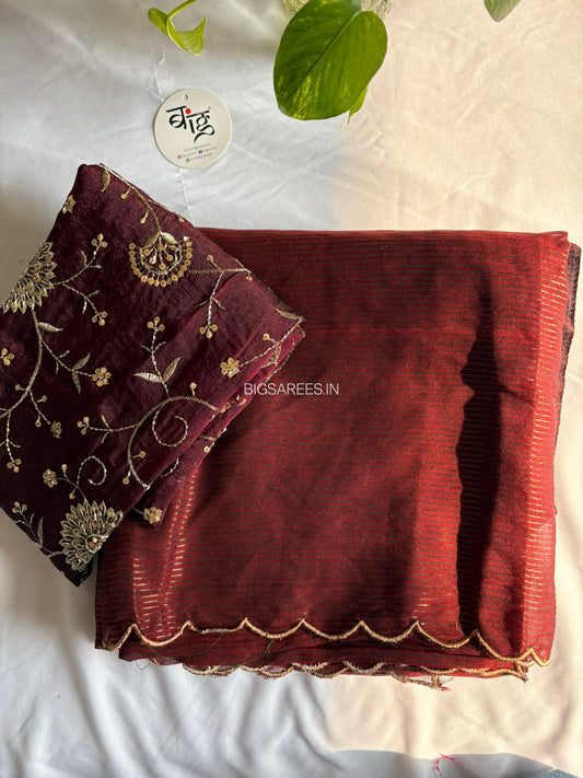 Mul Cotton Saree | Gold Stripes | Maroon