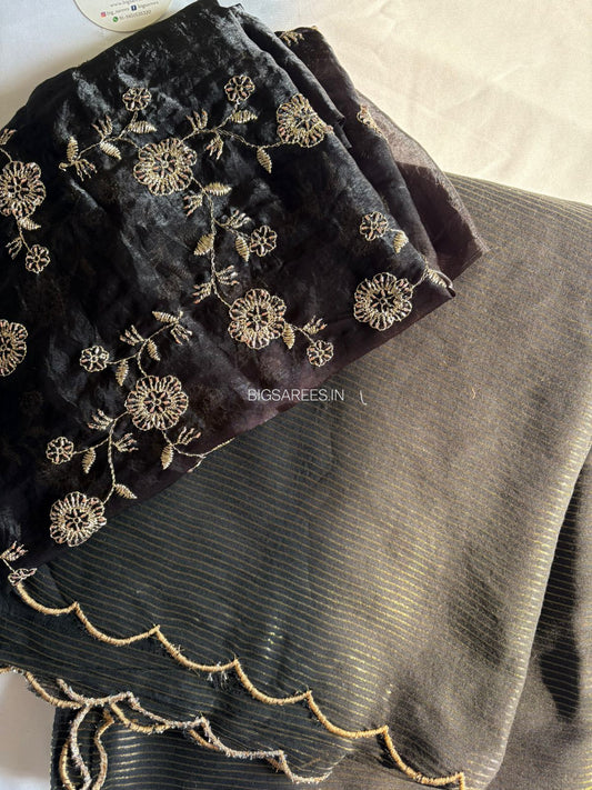 Mul Cotton Saree | Gold Stripes | Black