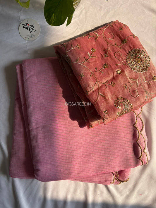 Mul Cotton Saree | Gold Stripes | Pink