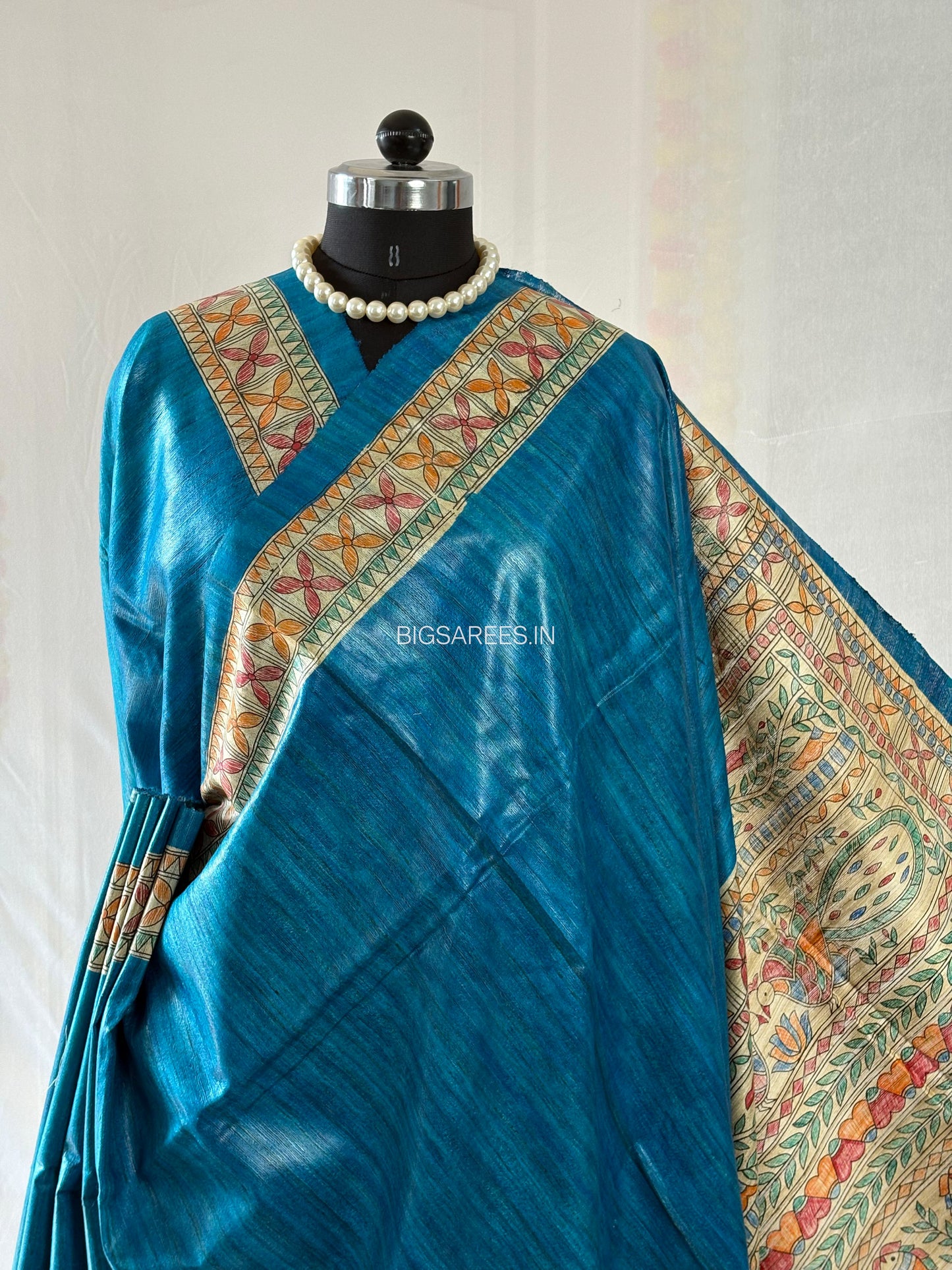Handcrafted Madhubani Saree | Pure Tussar Ghicha Silk | Silk Mark Certified | Cerulean Blue