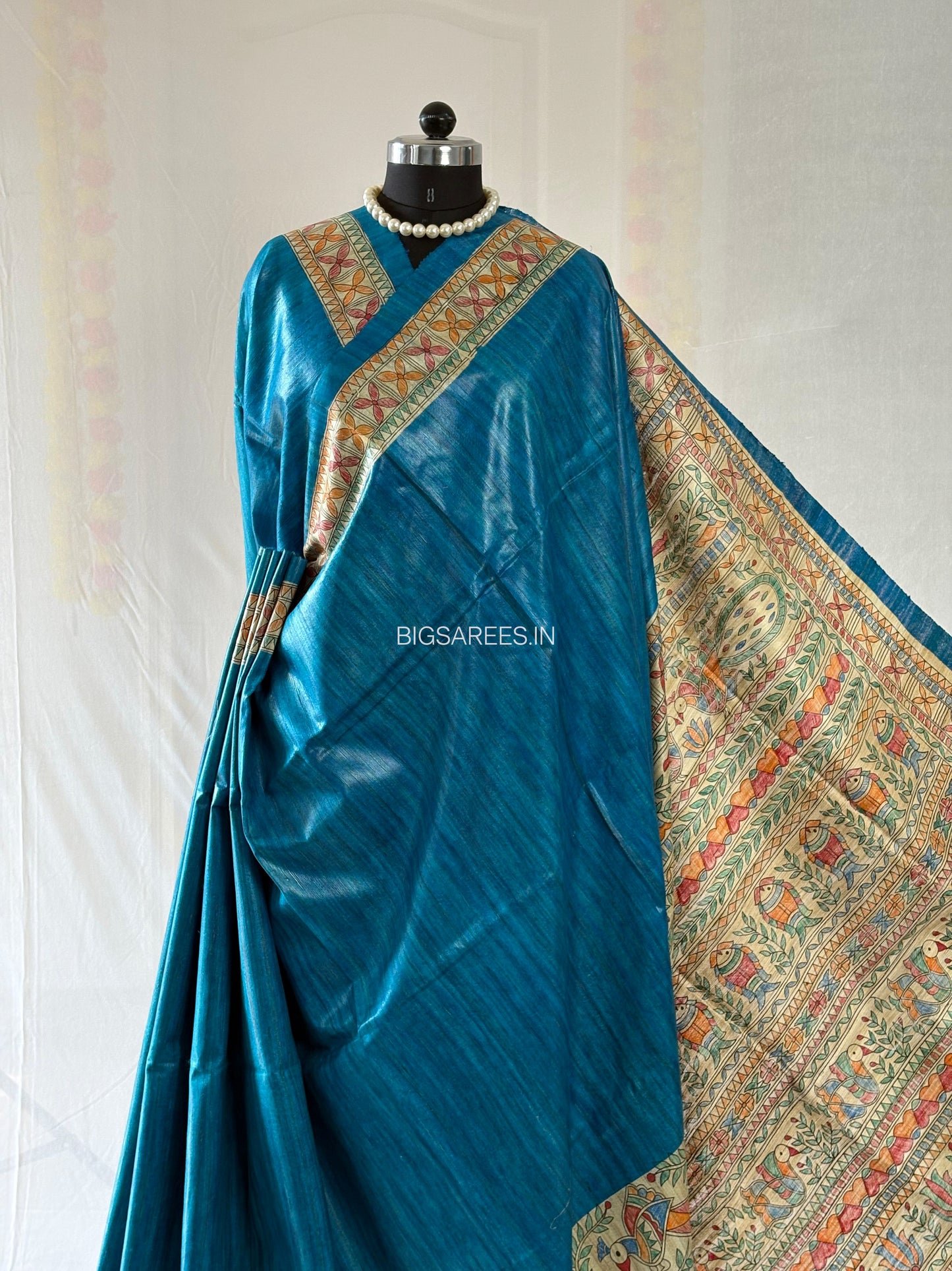 Handcrafted Madhubani Saree | Pure Tussar Ghicha Silk | Silk Mark Certified | Cerulean Blue