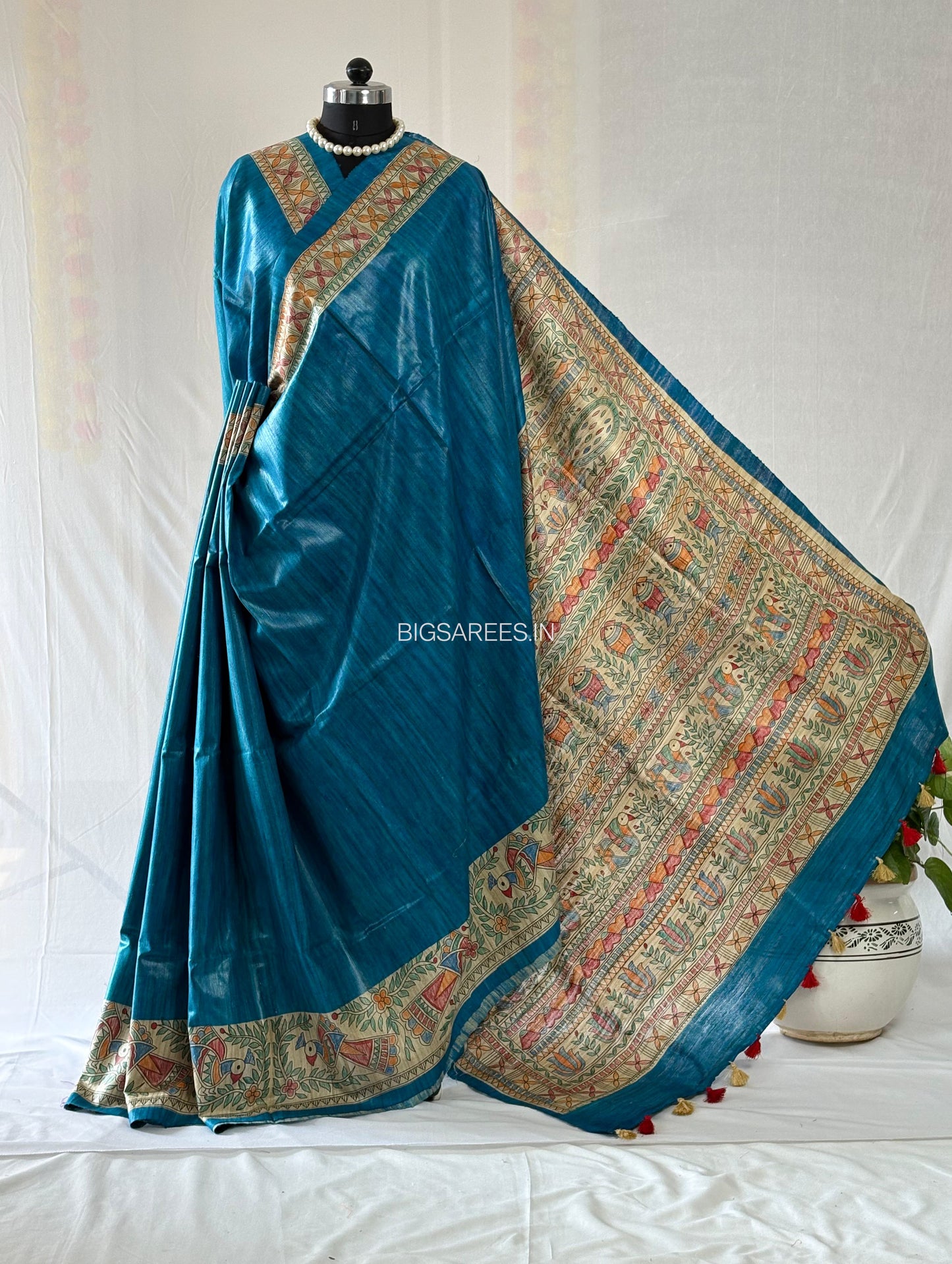 Handcrafted Madhubani Saree | Pure Tussar Ghicha Silk | Silk Mark Certified | Cerulean Blue