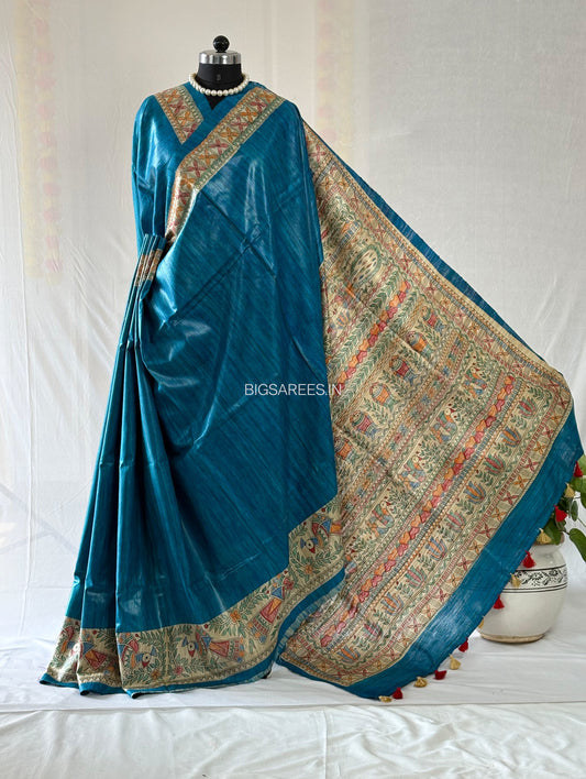 Handcrafted Madhubani Saree | Pure Tussar Ghicha Silk | Silk Mark Certified | Cerulean Blue