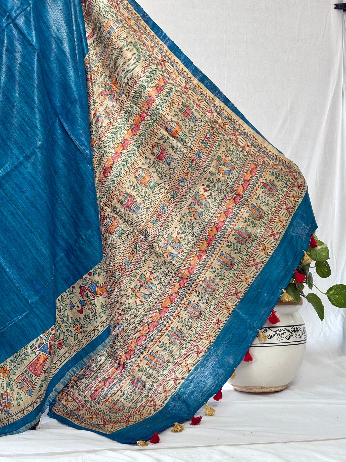 Handcrafted Madhubani Saree | Pure Tussar Ghicha Silk | Silk Mark Certified | Cerulean Blue