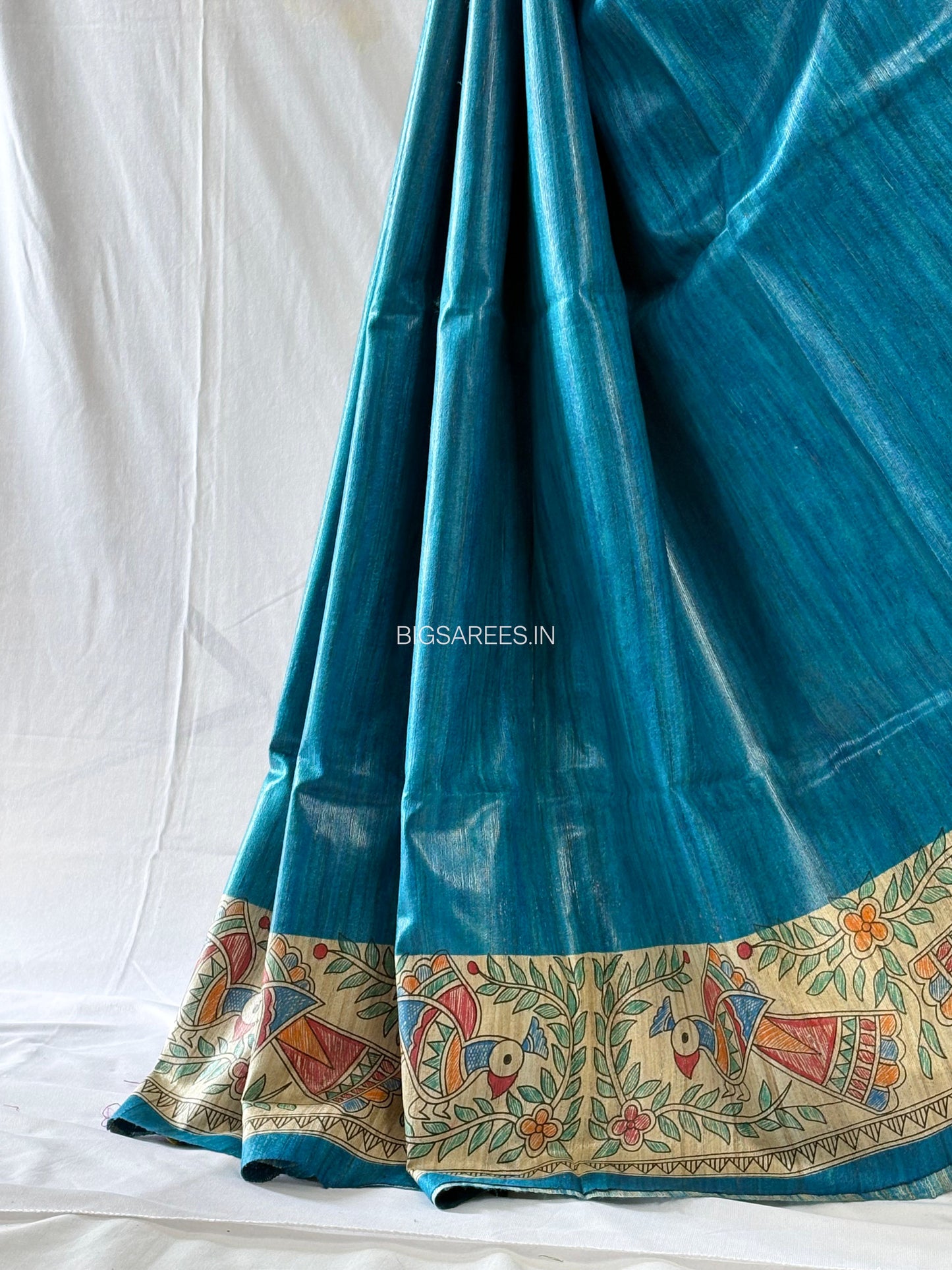 Handcrafted Madhubani Saree | Pure Tussar Ghicha Silk | Silk Mark Certified | Cerulean Blue