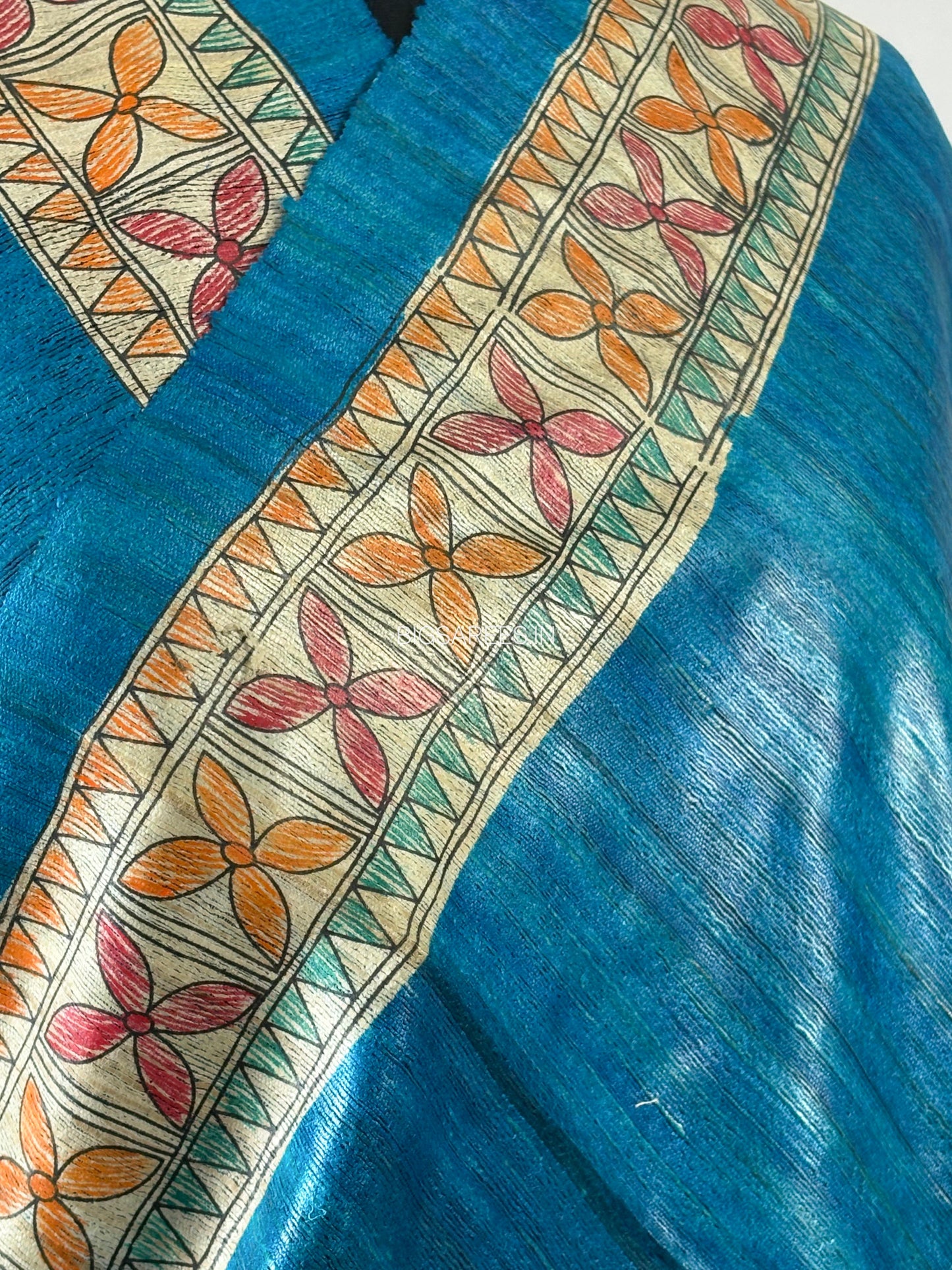 Handcrafted Madhubani Saree | Pure Tussar Ghicha Silk | Silk Mark Certified | Cerulean Blue