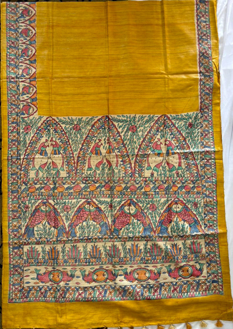 Handcrafted Madhubani Saree | Pure Tussar Ghicha Silk | Silk Mark Certified | Golden Yellow