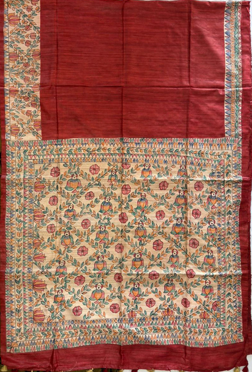 Handcrafted Madhubani Saree | Pure Tussar Ghicha Silk | Silk Mark Certified | Reddish Brown
